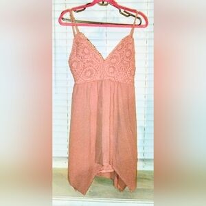 Women's Almost Famous Pink Crochet Baby Doll Y2K Top Asymmetrical Hemline Size L